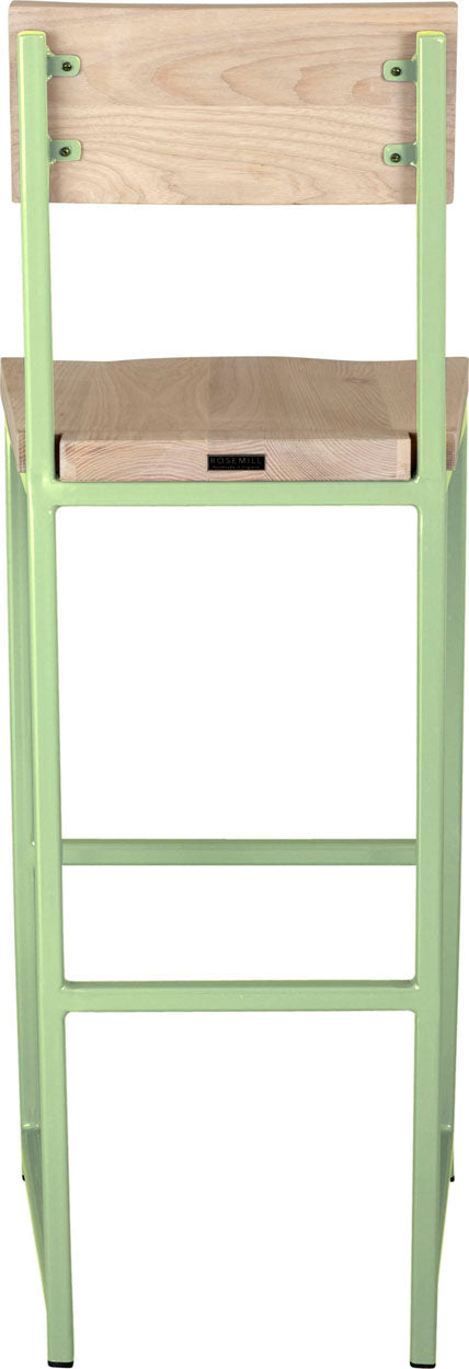 Sage green metal stool with back with whitewash stain ash wood made in UK - back view square frame