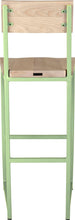 Load image into Gallery viewer, Sage green metal stool with back with whitewash stain ash wood made in UK - back view square frame
