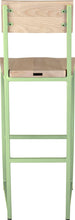 Load image into Gallery viewer, Sage green metal stool with back with whitewash stain ash wood made in UK - back view square frame
