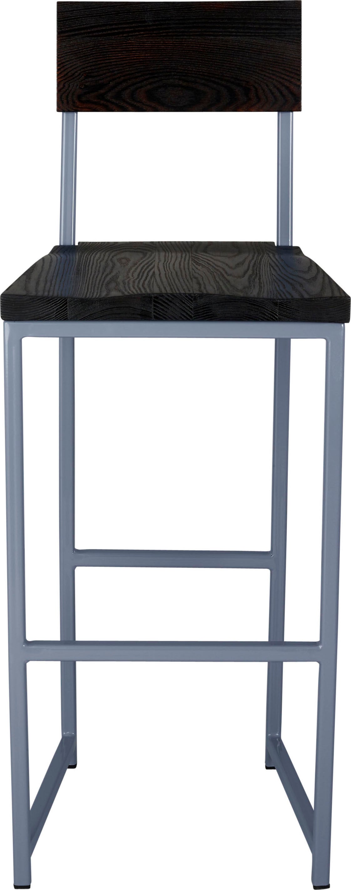 Shaker blue metal stool with back with black stain ash wood made in UK - front view square frame