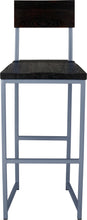 Load image into Gallery viewer, Shaker blue metal stool with back with black stain ash wood made in UK - front view square frame
