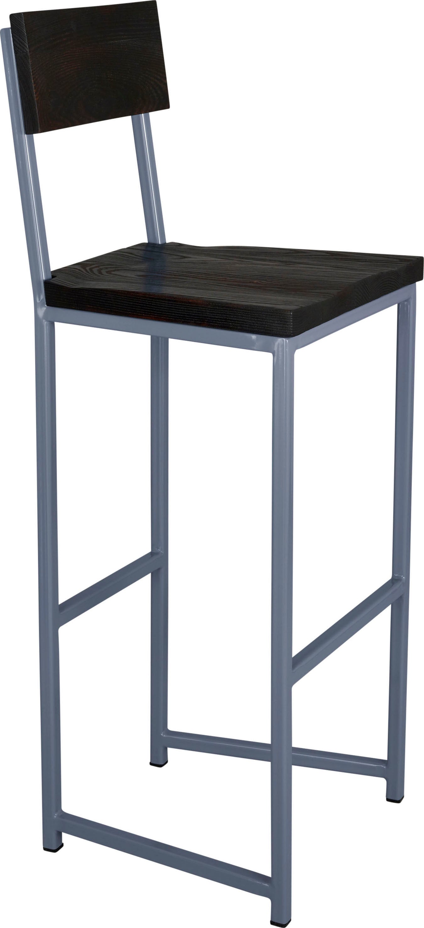 Shaker blue metal stool with back with black stain ash wood made in UK - angle view square frame