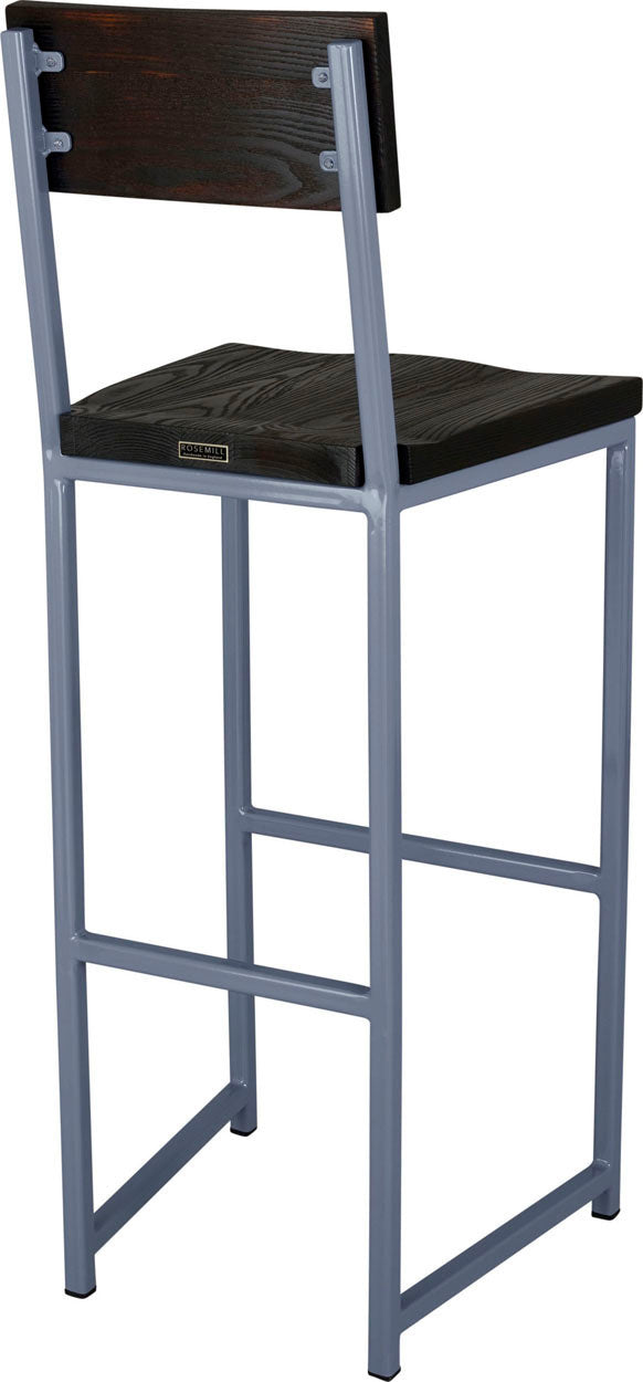 Shaker blue metal stool with back with black stain ash wood made in UK - back side view square frame