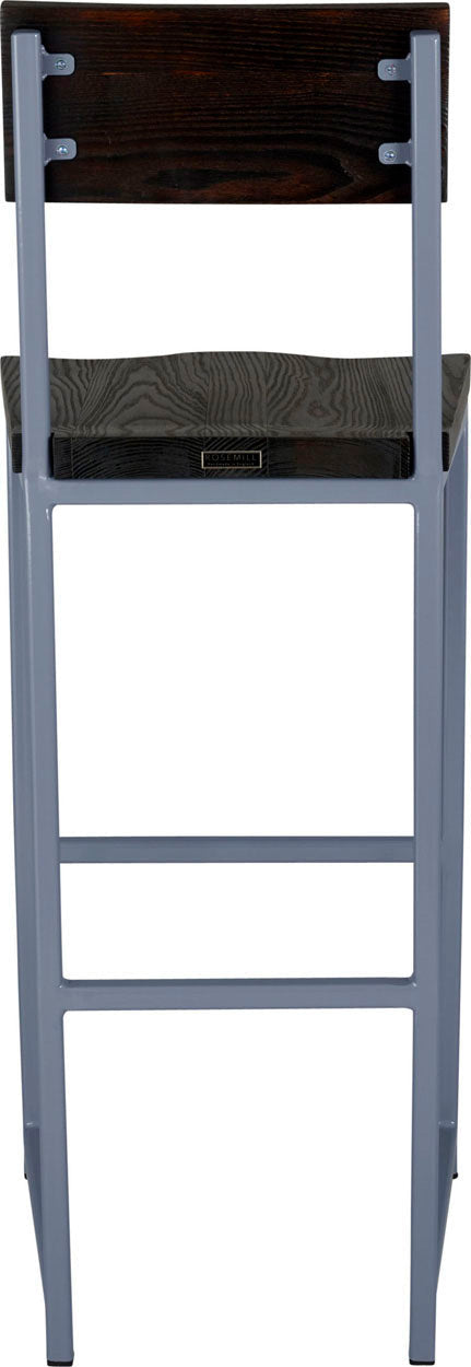 Shaker blue metal stool with back with black stain ash wood made in UK - back view square frame
