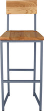 Load image into Gallery viewer, Shaker blue metal stool with back with natural stain ash wood made in UK - front view square frame
