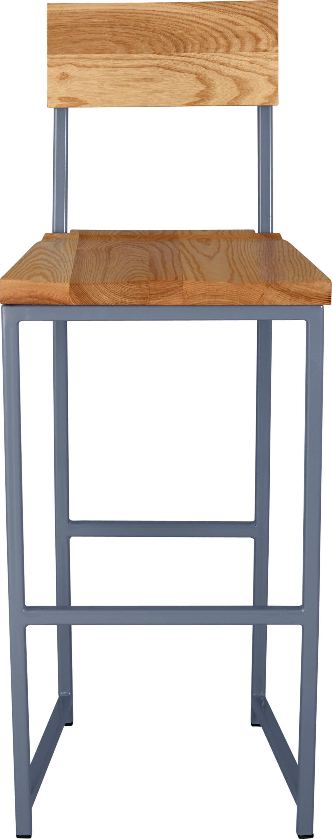 Shaker blue metal stool with back with natural stain ash wood made in UK - front view square frame