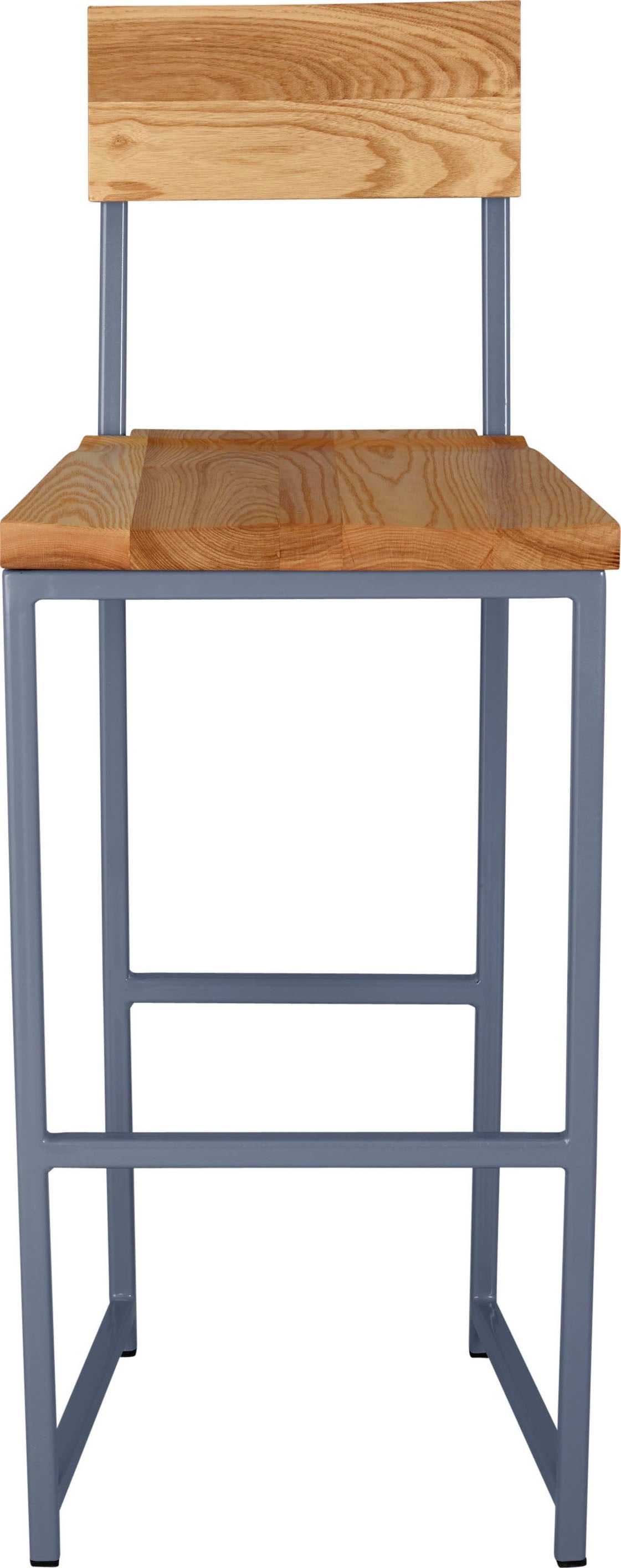 Shaker blue metal stool with back with natural stain ash wood made in UK - front view square frame