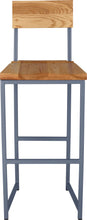 Load image into Gallery viewer, Shaker blue metal stool with back with natural stain ash wood made in UK - front view square frame
