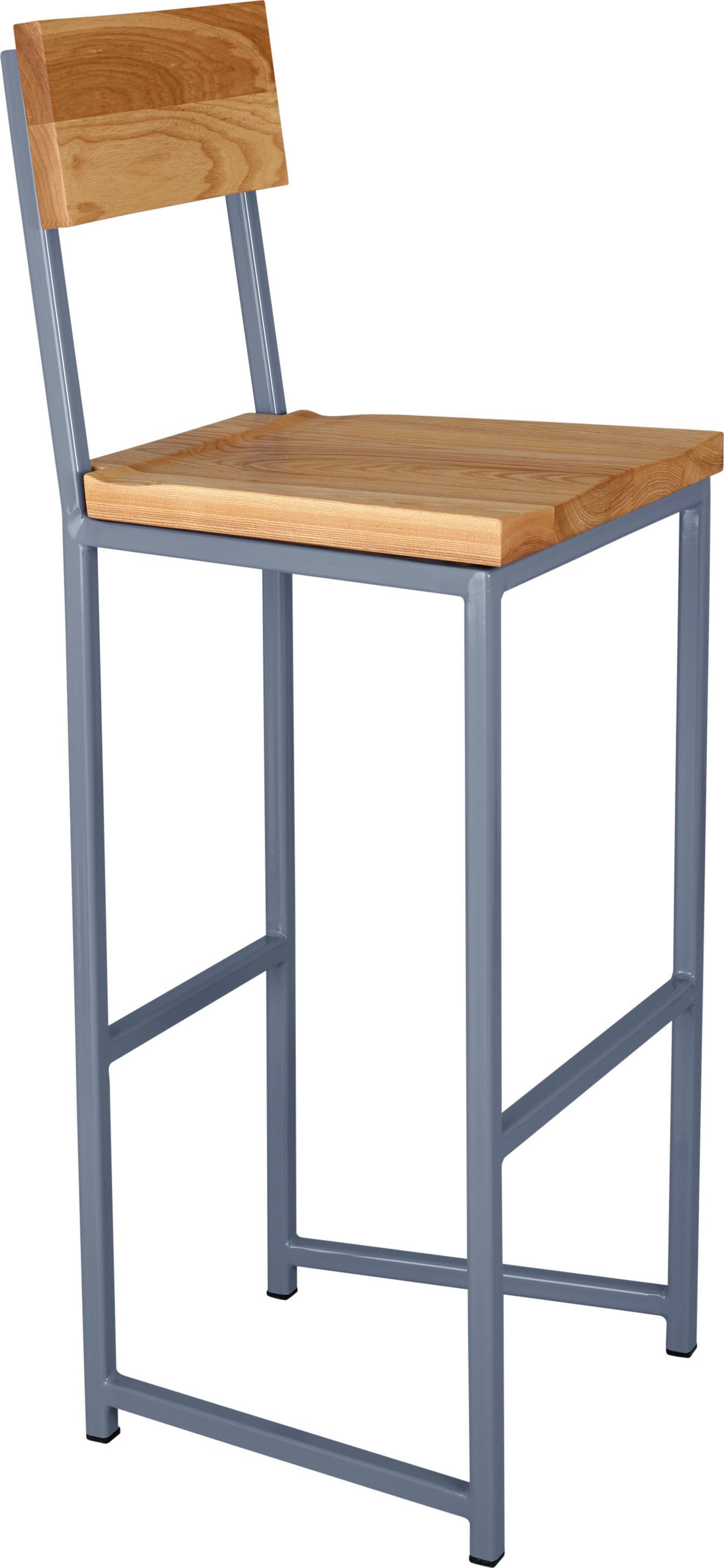Shaker blue metal stool with back with natural stain ash wood made in UK - angle view square frame