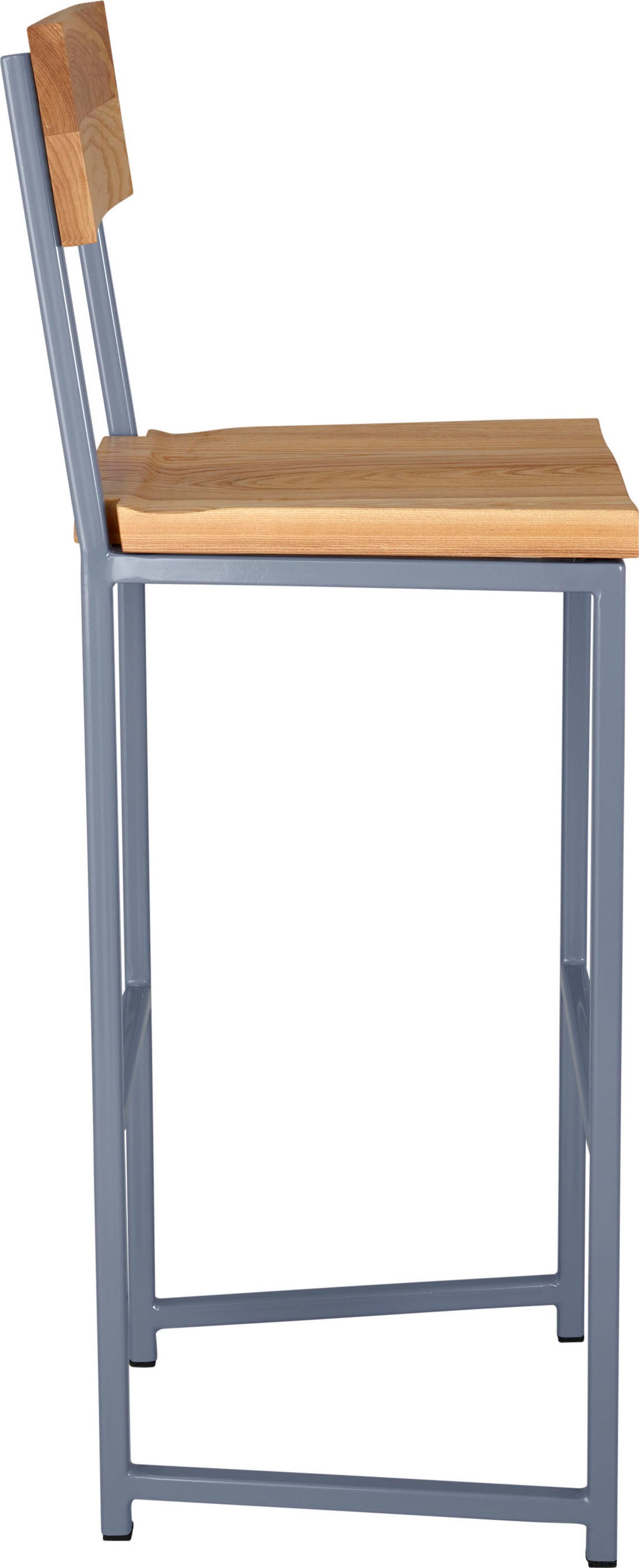 Shaker blue metal stool with back with natural stain ash wood made in UK - side view square frame