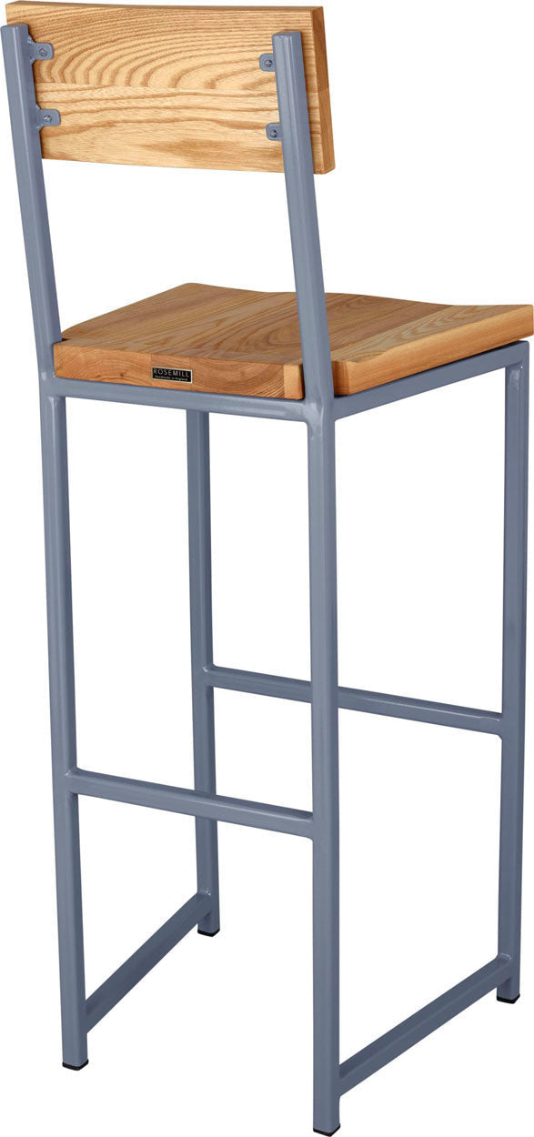 Shaker blue metal stool with back with natural stain ash wood made in UK - back side view square frame