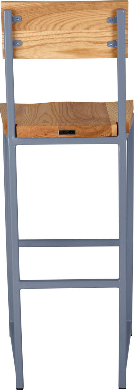 Shaker blue metal stool with back with natural stain ash wood made in UK - back view square frame