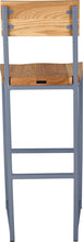 Load image into Gallery viewer, Shaker blue metal stool with back with natural stain ash wood made in UK - back view square frame
