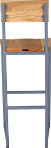 Shaker blue metal stool with back with natural stain ash wood made in UK - back view square frame