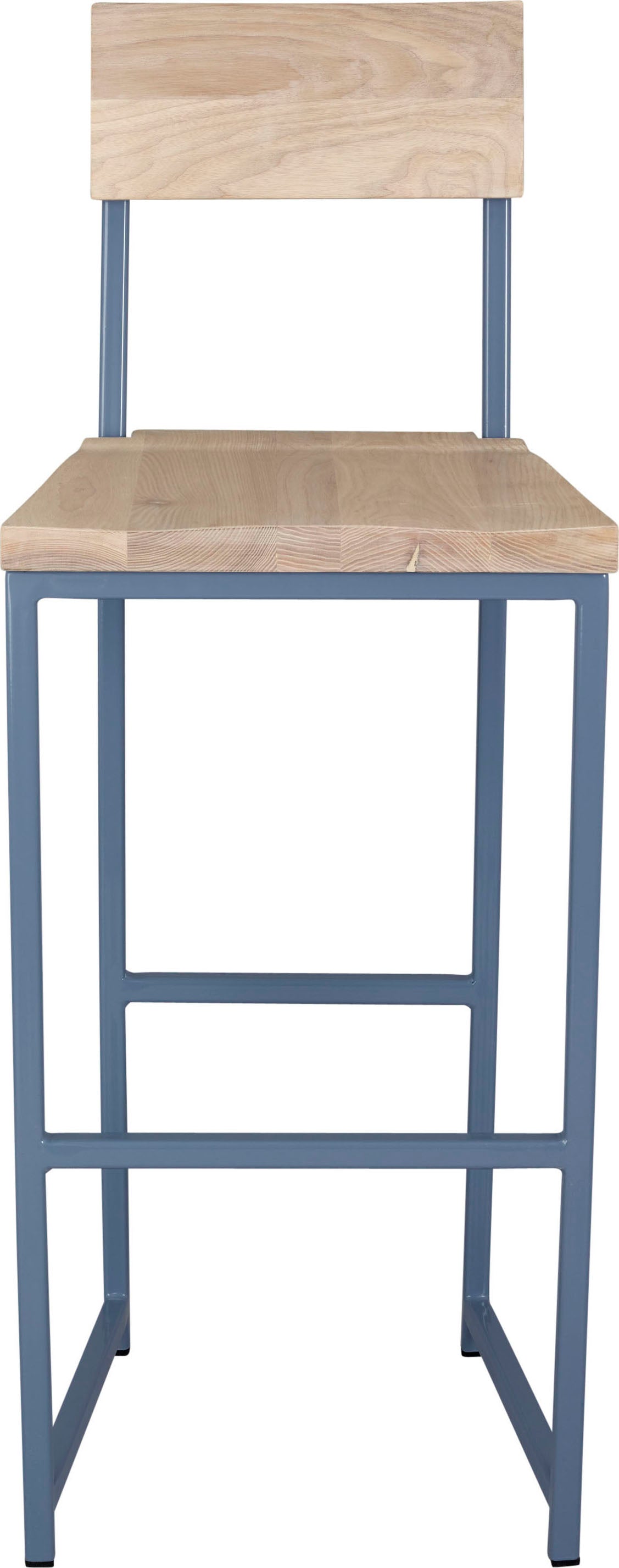 Shaker blue metal stool with back with whitewash stain ash wood made in UK - front view square frame