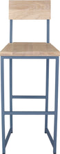 Load image into Gallery viewer, Shaker blue metal stool with back with whitewash stain ash wood made in UK - front view square frame
