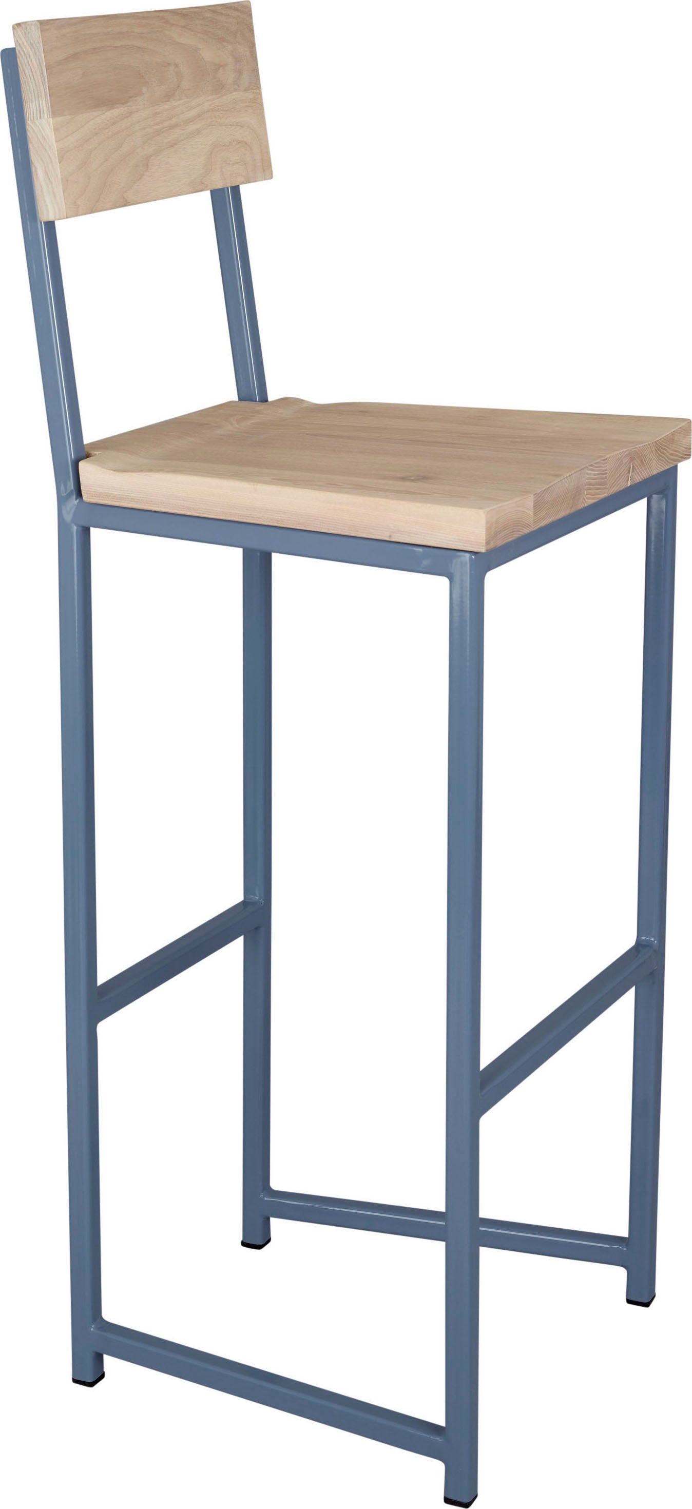 Shaker blue metal stool with back with whitewash stain ash wood made in UK - angle view square frame