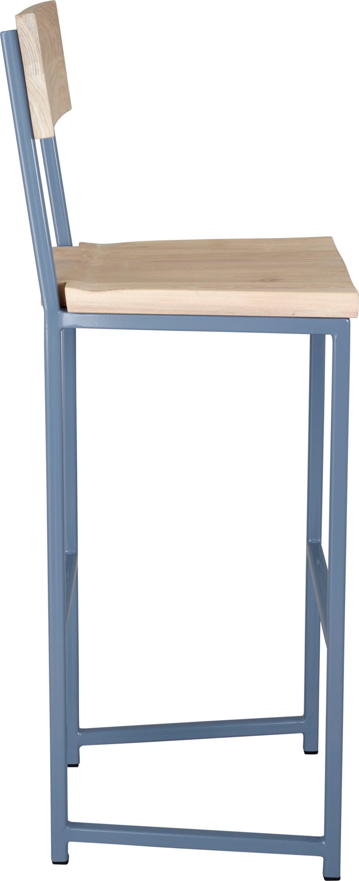 Shaker blue metal stool with back with whitewash stain ash wood made in UK - side view square frame