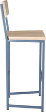 Load image into Gallery viewer, Shaker blue metal stool with back with whitewash stain ash wood made in UK - side view square frame
