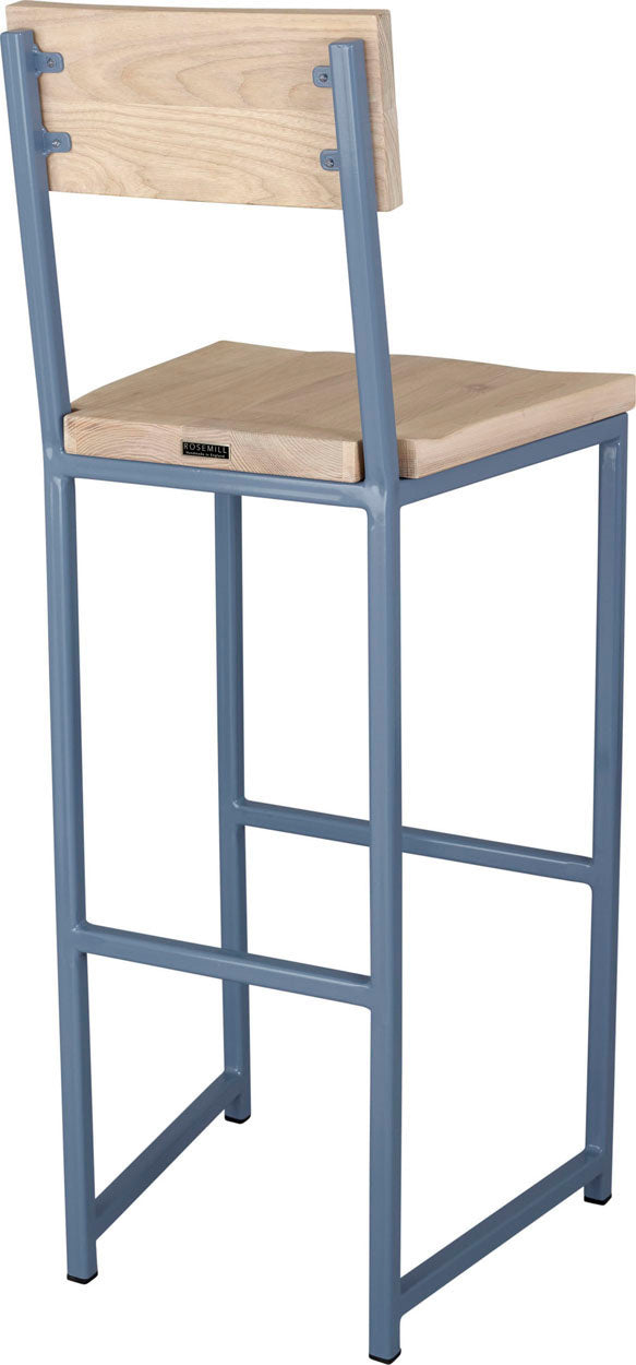Shaker blue metal stool with back with whitewash stain ash wood made in UK - back side view square frame