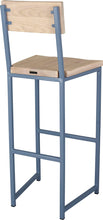 Load image into Gallery viewer, Shaker blue metal stool with back with whitewash stain ash wood made in UK - back side view square frame
