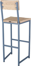 Load image into Gallery viewer, Shaker blue metal stool with back with whitewash stain ash wood made in UK - back side view square frame
