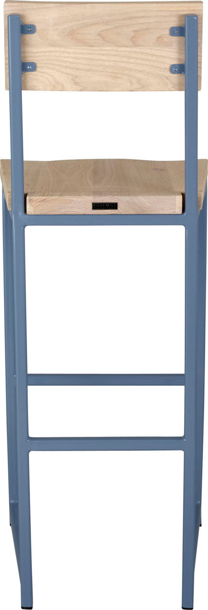Shaker blue metal stool with back with whitewash stain ash wood made in UK - back view square frame