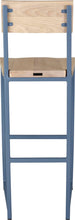 Load image into Gallery viewer, Shaker blue metal stool with back with whitewash stain ash wood made in UK - back view square frame
