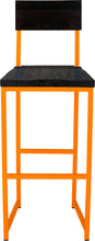 Load image into Gallery viewer, Orange metal stool with back with black stain ash wood made in UK - front view square frame
