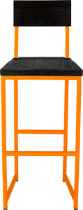 Orange metal stool with back with black stain ash wood made in UK - front view square frame