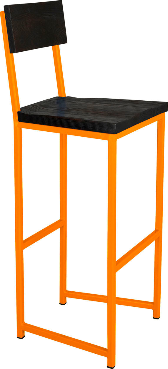 Orange metal stool with back with black stain ash wood made in UK - angle view square frame