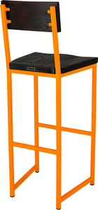 Orange metal stool with back with black stain ash wood made in UK - back side view square frame