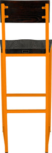Orange metal stool with back with black stain ash wood made in UK - back view square frame