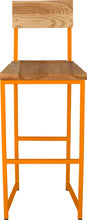 Load image into Gallery viewer, Orange metal stool with back with natural stain ash wood made in UK - front view square frame

