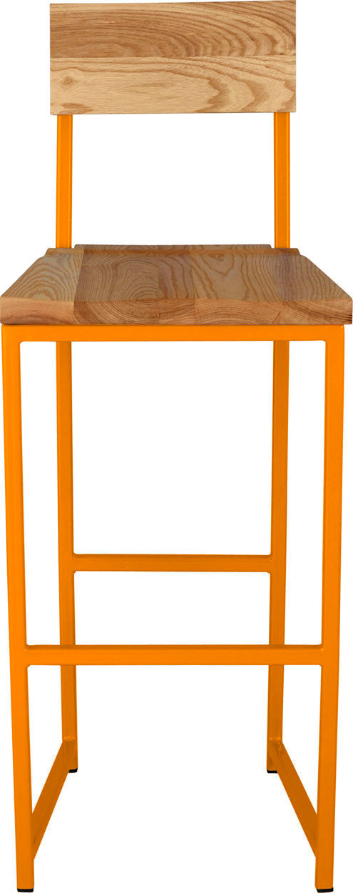 Orange metal stool with back with natural stain ash wood made in UK - front view square frame