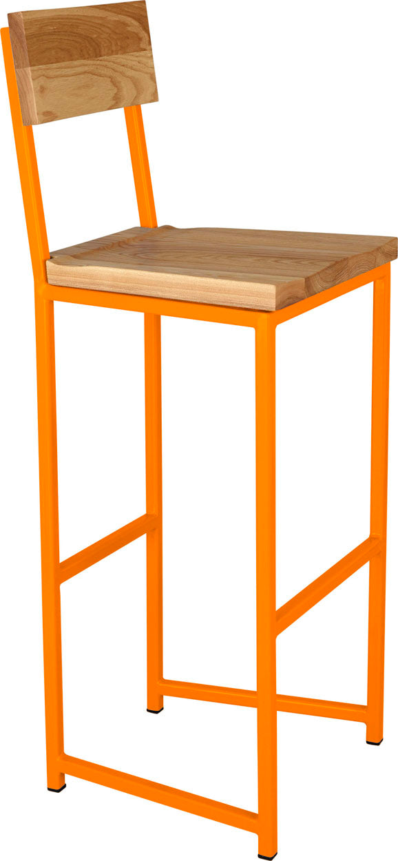 Orange metal stool with back with natural stain ash wood made in UK - angle view square frame