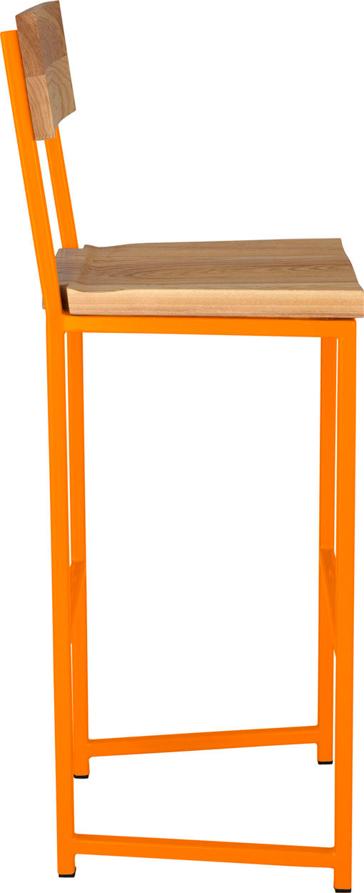 Orange metal stool with back with natural stain ash wood made in UK - side view square frame