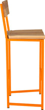 Load image into Gallery viewer, Orange metal stool with back with natural stain ash wood made in UK - side view square frame
