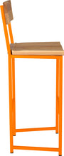 Load image into Gallery viewer, Orange metal stool with back with natural stain ash wood made in UK - side view square frame
