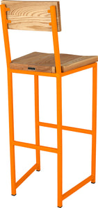 Orange metal stool with back with natural stain ash wood made in UK - back side view square frame