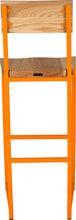 Load image into Gallery viewer, Orange metal stool with back with natural stain ash wood made in UK - back view square frame
