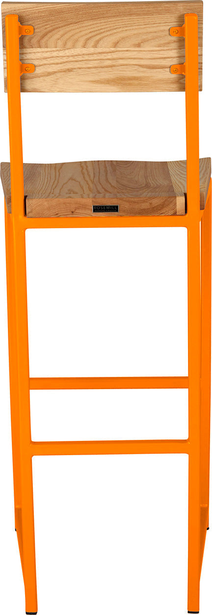 Orange metal stool with back with natural stain ash wood made in UK - back view square frame