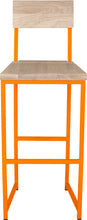 Load image into Gallery viewer, Orange metal stool with back with whitewash stain ash wood made in UK - front view square frame
