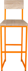 Orange metal stool with back with whitewash stain ash wood made in UK - front view square frame