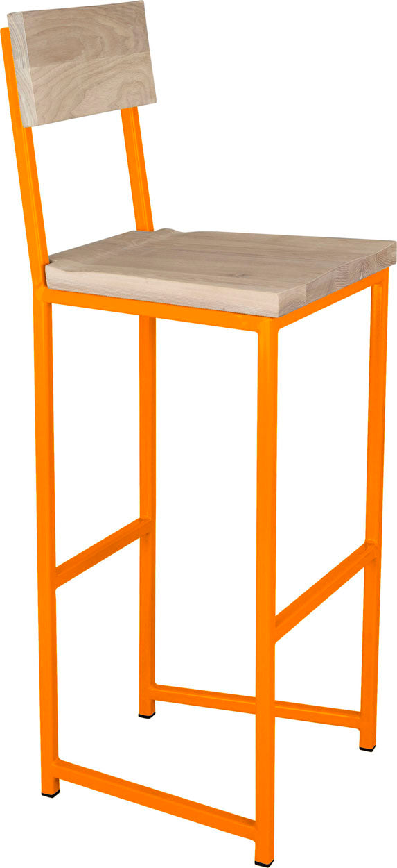 Orange metal stool with back with whitewash stain ash wood made in UK - angle view square frame