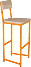 Load image into Gallery viewer, Orange metal stool with back with whitewash stain ash wood made in UK - angle view square frame
