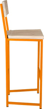 Load image into Gallery viewer, Orange metal stool with back with whitewash stain ash wood made in UK - side view square frame
