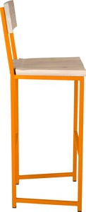 Orange metal stool with back with whitewash stain ash wood made in UK - side view square frame