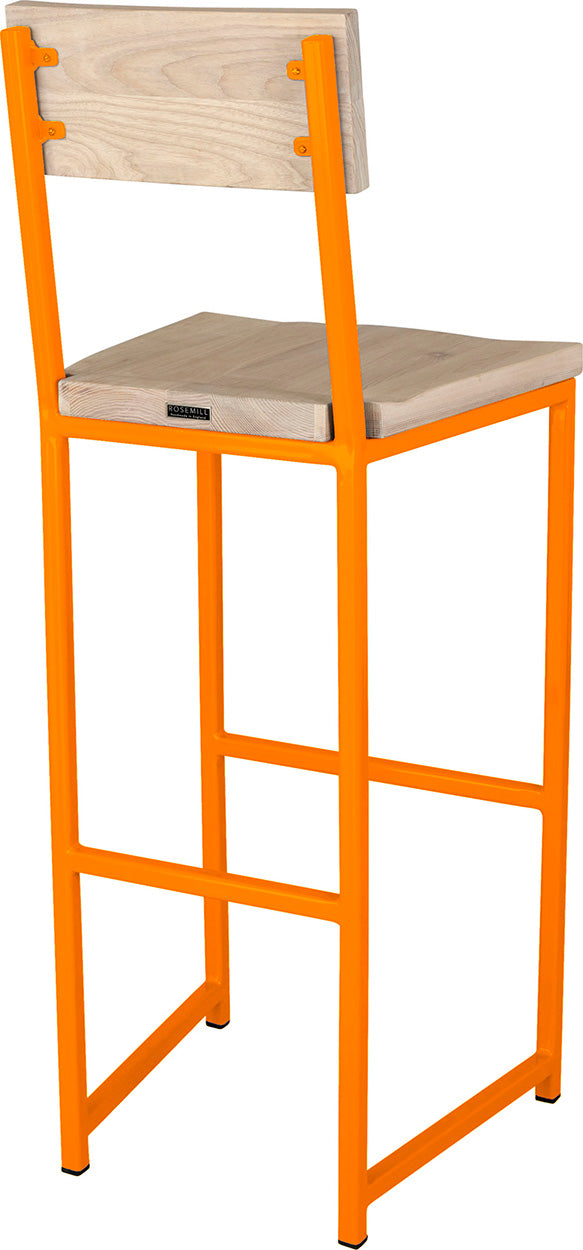 Orange metal stool with back with whitewash stain ash wood made in UK - back side view square frame
