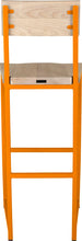 Load image into Gallery viewer, Orange metal stool with back with whitewash stain ash wood made in UK - back view square frame
